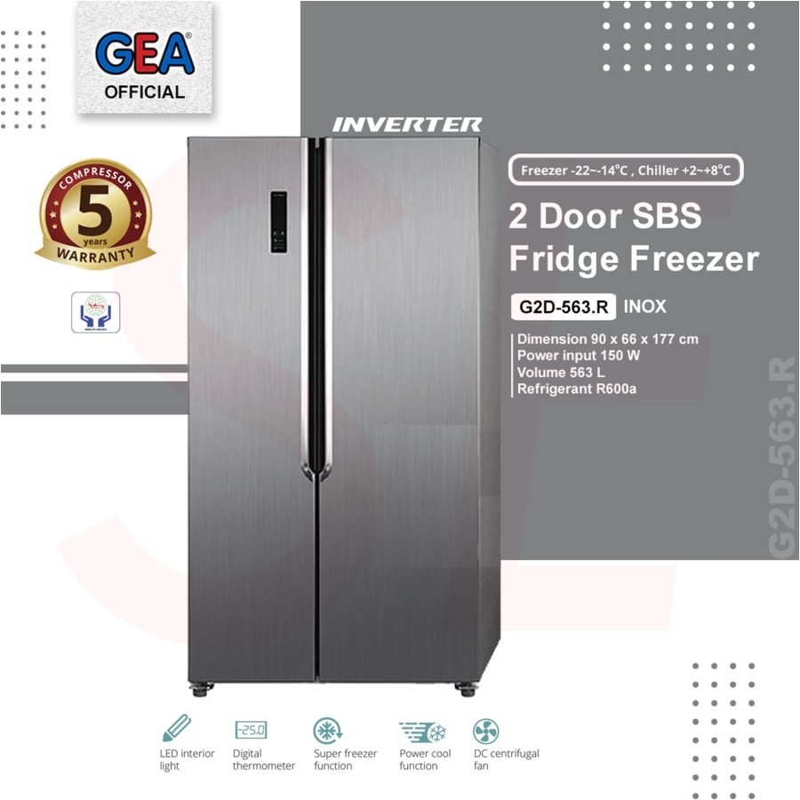 KULKAS GEA G2D-563 SIDE BY SIDE INVERTER INOX SILVER G2D563 G2D 563