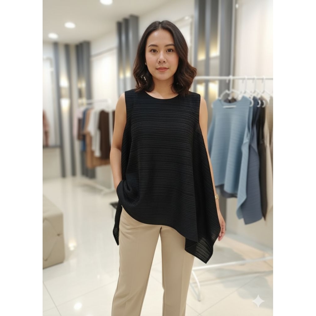 ROSCHE PLEATED SLEEVELESS BLOUSE - PREMIUM BANGKOK / BLUS BAJU BANGKOK / ATASAN PLISKET WANITA / BLU