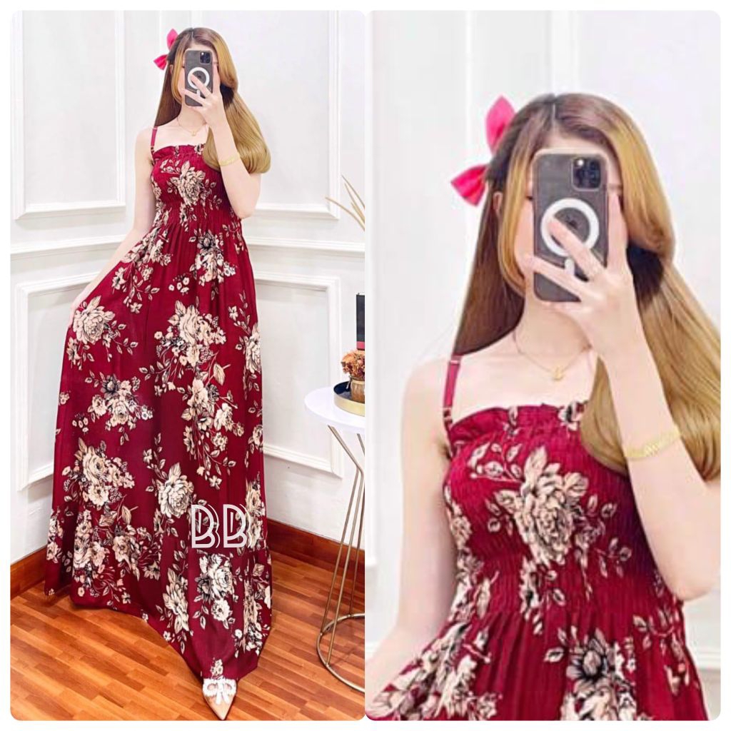 Korean Dress Rayon Motif Grade A/Dress Wanita Kekinian/Dress Kerut Tali Gasper/Inner Dress