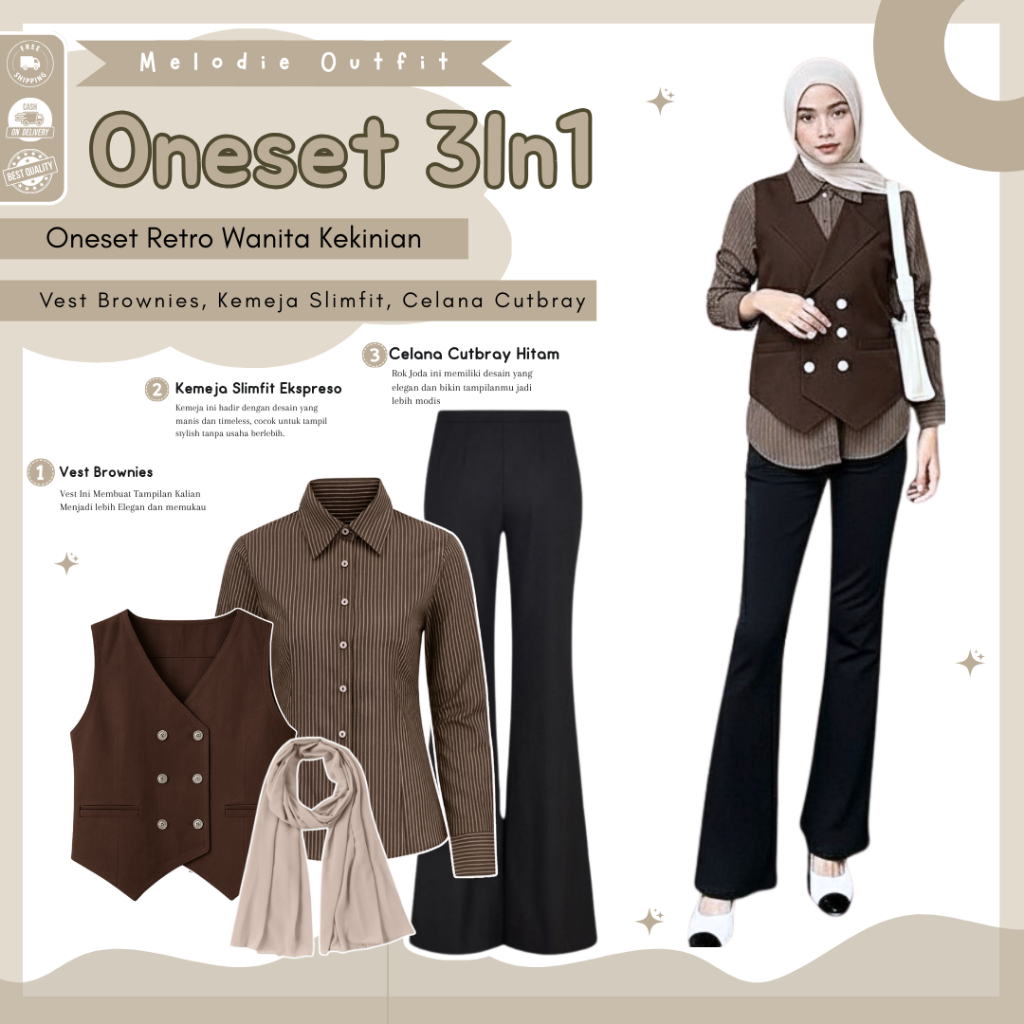 Camara Setelan Wanita Kekinian 4in1 (Pasmina + Vest + Kemeja + Celana ) OOTD Outfit Cewek  - MO154