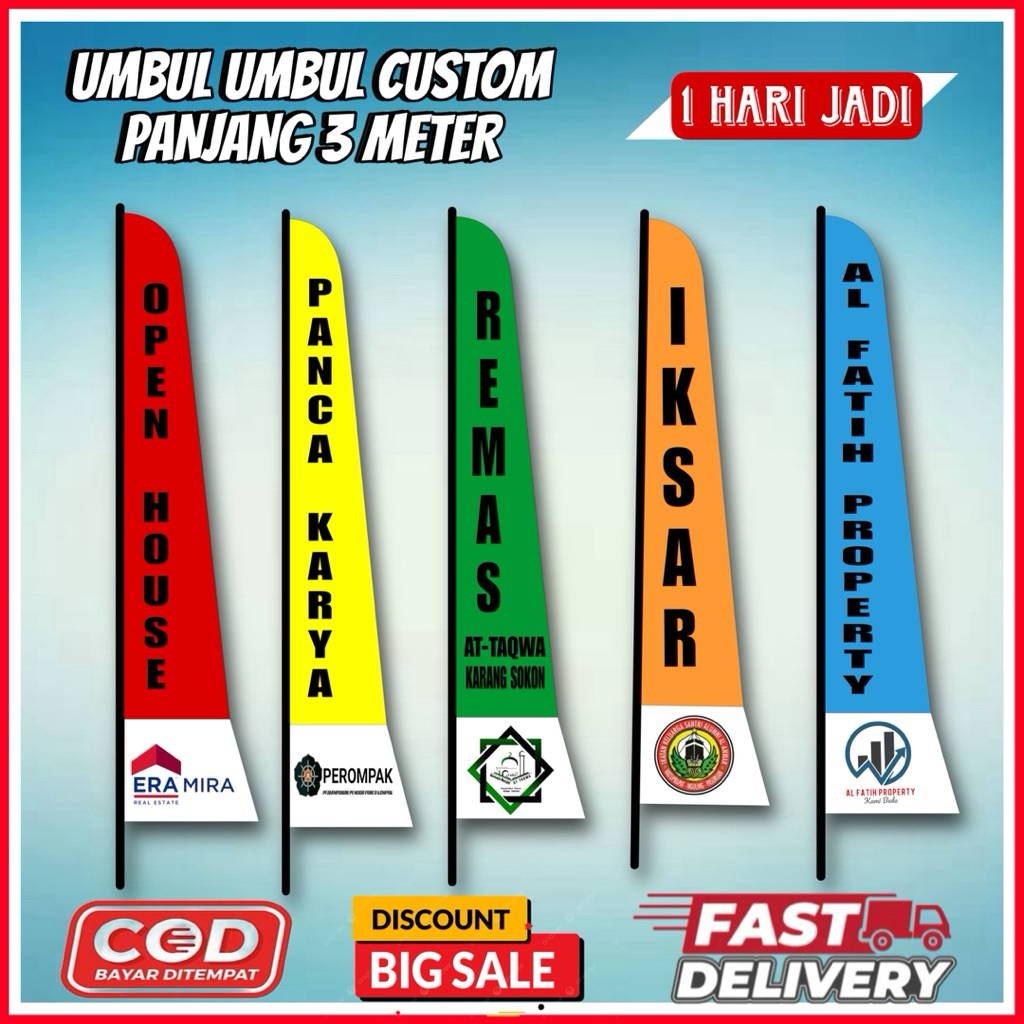 Bendera Umbul Umbul Custom Logo & Tulisan Desain Gratis - Bisa COD - Kualitas Terjamin - Sablon Prin