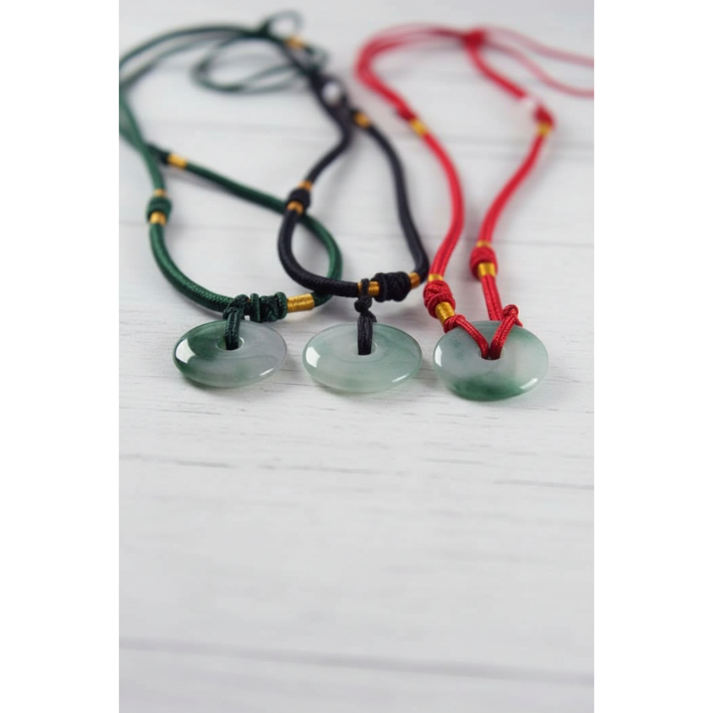 Kalung Liontin Giok Asli Model Donat | Tali Simpul Merah Hitam Hijau