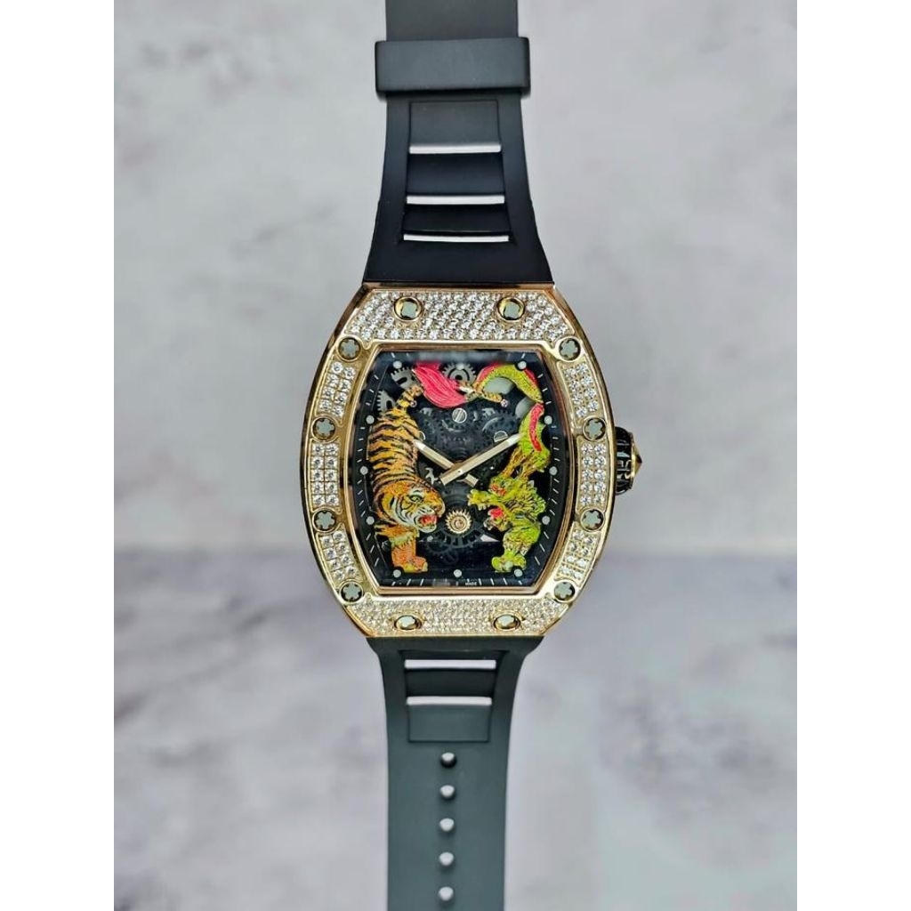 JAM TERBARU RM51-01 JACKIE CHAN TIGER DRAGON ROSEGOLD WITH DIAMOND CASE 44MM BLACK RUBBER STRAP