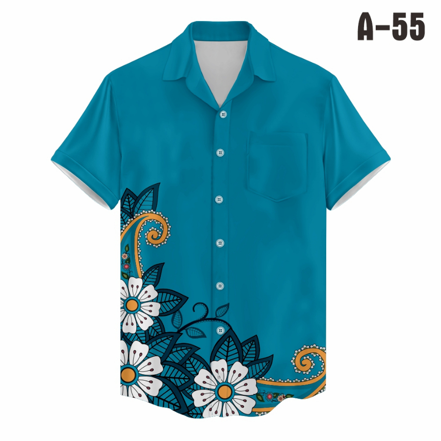 Kemeja Kasual Pria Motif Floral Modern Printing Tangan Panjang Pendek A-55