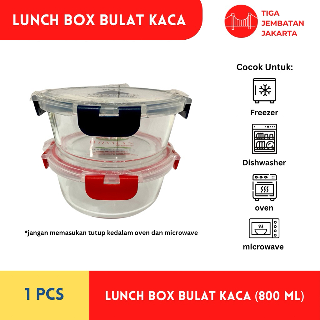 Wadah Bulat Makan Kaca Glass 800 ML Lunch Box Storage Box Oven Glass Tempat Makan Kaca Anti Bocor An