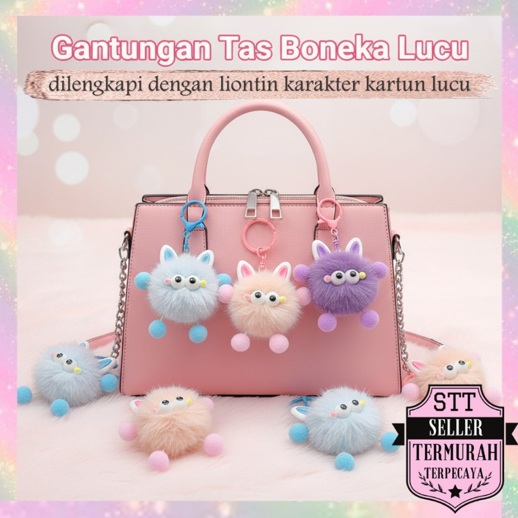 STT Gantungan Tas Boneka Lucu Gantungan Little Monster Kawai Boneka Bulu Halus Gantungan Kunci Bonek