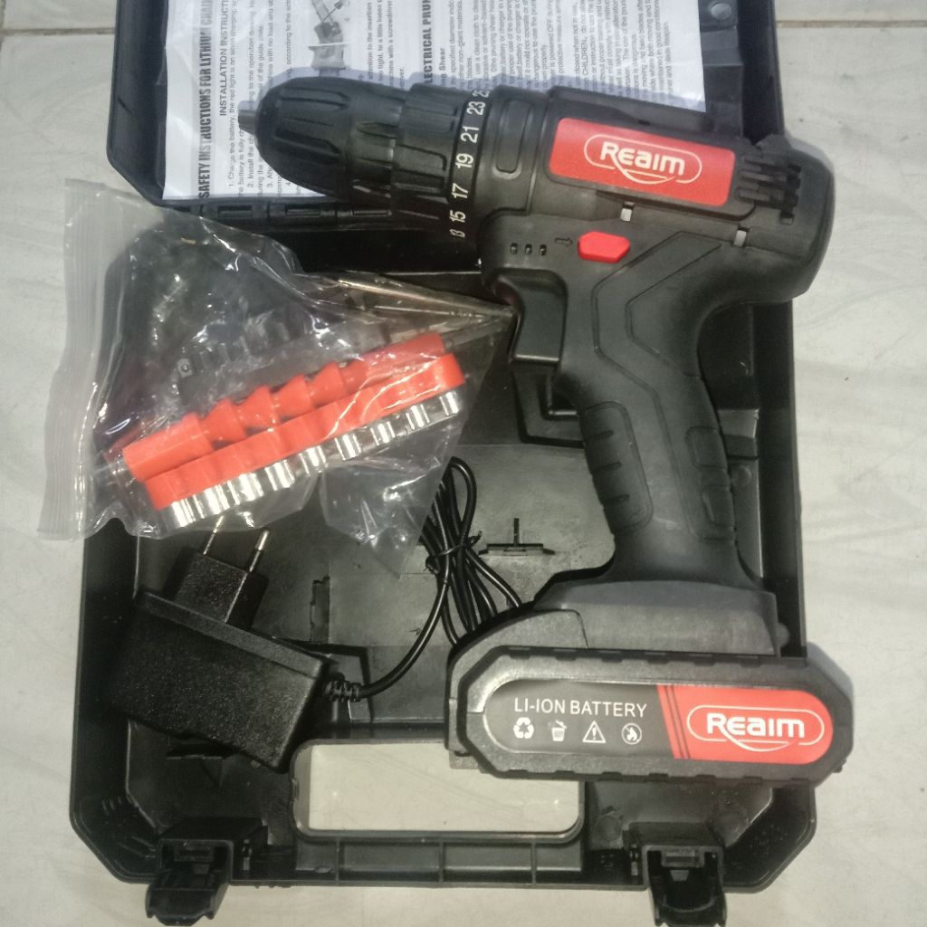 Bor cordless reaim 1set, bor baterai, bor baja ringan
