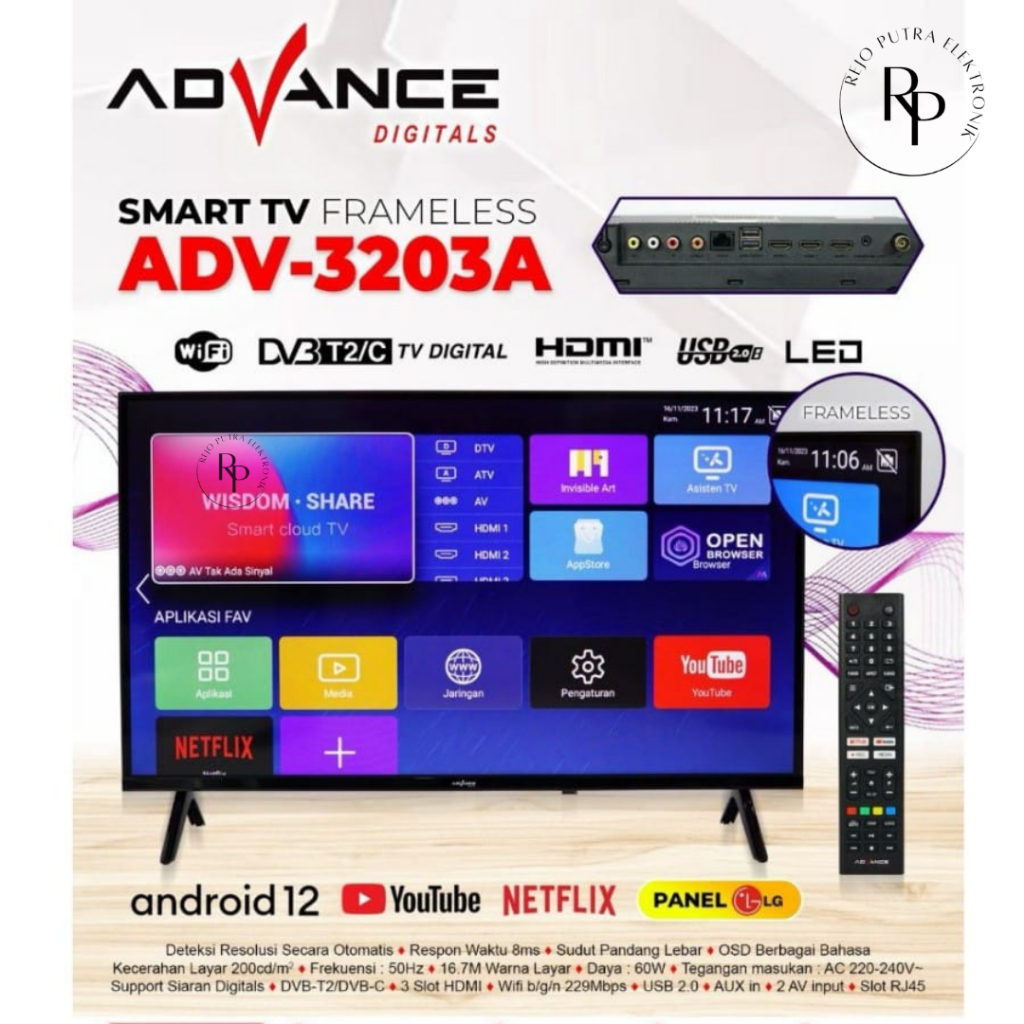 ADVANCE LED TV 32 INCH ANDROID SMART TV ADV 3203A HD PANEL LG USB HDMI