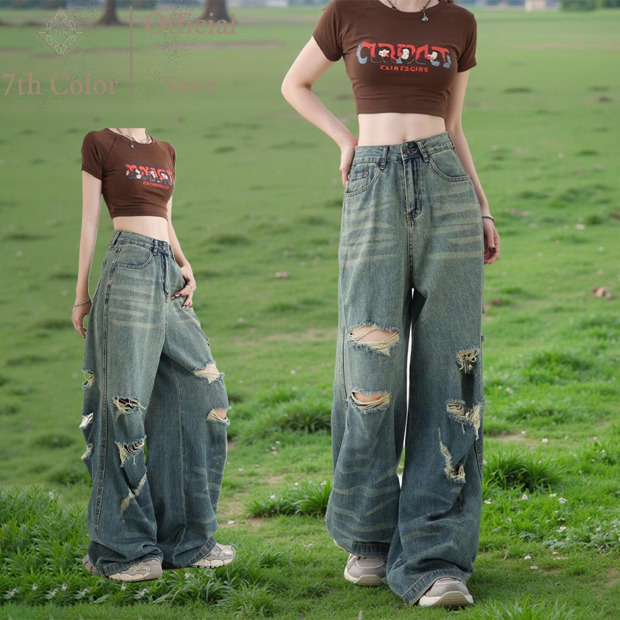 7th Color / Retro Biru Loose Kulot Jeans Women Celana Jeans Panjang Wanita Celana Sobek Korean Style