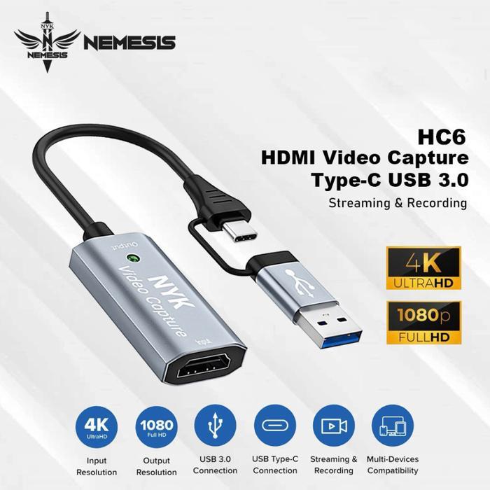 NYK HDMI Video Capture HC6 S3C6 Tipe C USB 3.0 dengan Resolusi Masukan 4K 60Hz dan Keluaran 1080P 30
