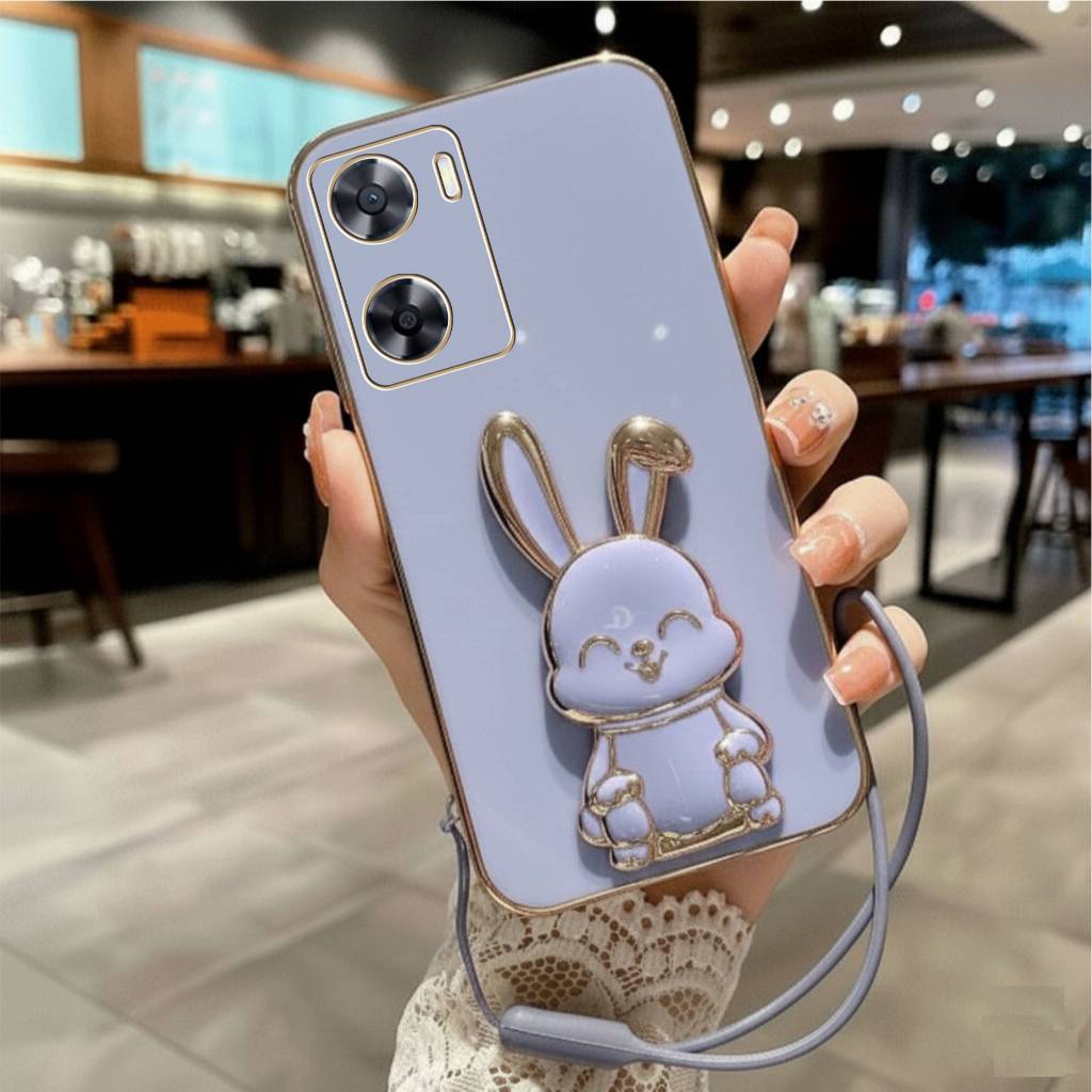 Soft Case Oppo A57 A77s Casing Luxury 6D Plating Cute Bunny Holder Free tali lanyard