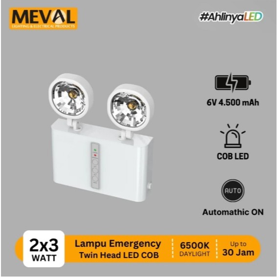 Meval Lampu Emergency Twin Head COB Otomatis Nyala – Lampu Darurat Hemat Daya Tahan 30 Jam MP2-04A
