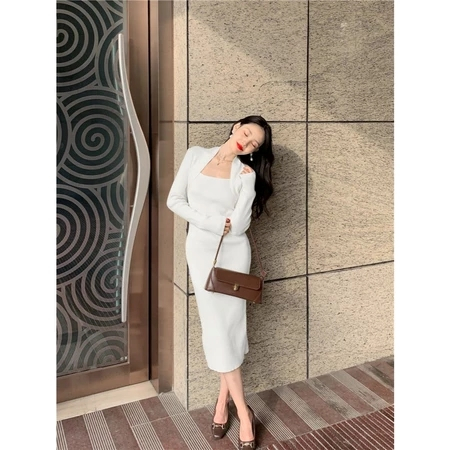 Jean Dress Dress Knit Dress Korean Style Lengan Panjang Wanita - Dress Square Neck Bodycon - Korean 