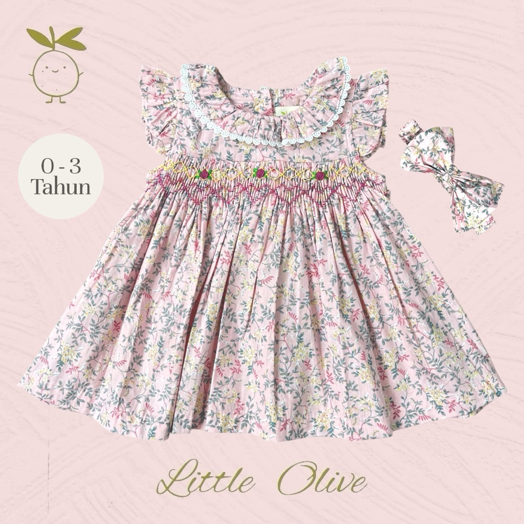 Little Olive- Sakura Dress | 0-3 Tahun | Dress Anak Newborn | Baju Bayi | Motif Bunga Smocked Dress