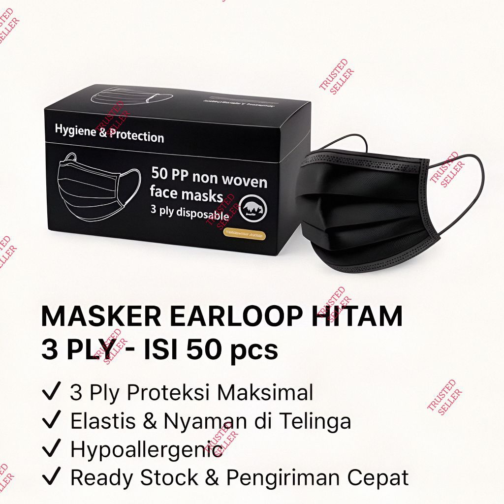 ALGAN25 MASKER FACEMASK EARLOOP 3PLY ISI 50 PCS CANTOL TERMURAH WARNA HITAM