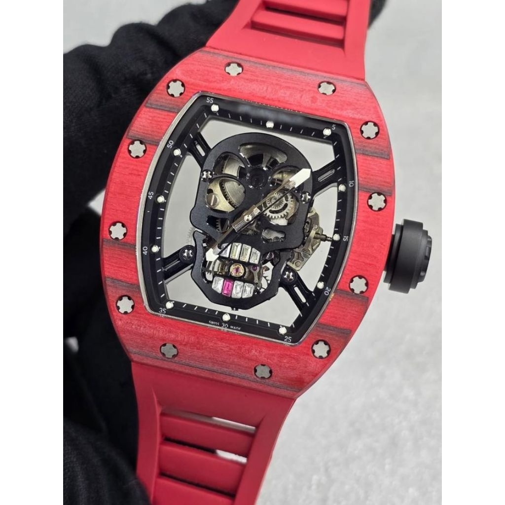 JAM TANGAN/RM052 SKULL RED REAL NTPT CARBON CASE TURBILLON 43MM RED RUBBER STRAP