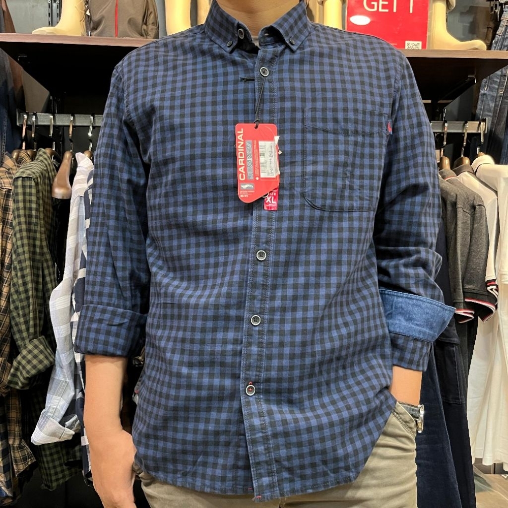 Cardinal Original Pakaian Pria Kemeja Jeans Lengan Panjang Slim Fit Katun Garis Kotak-kotak M L XL