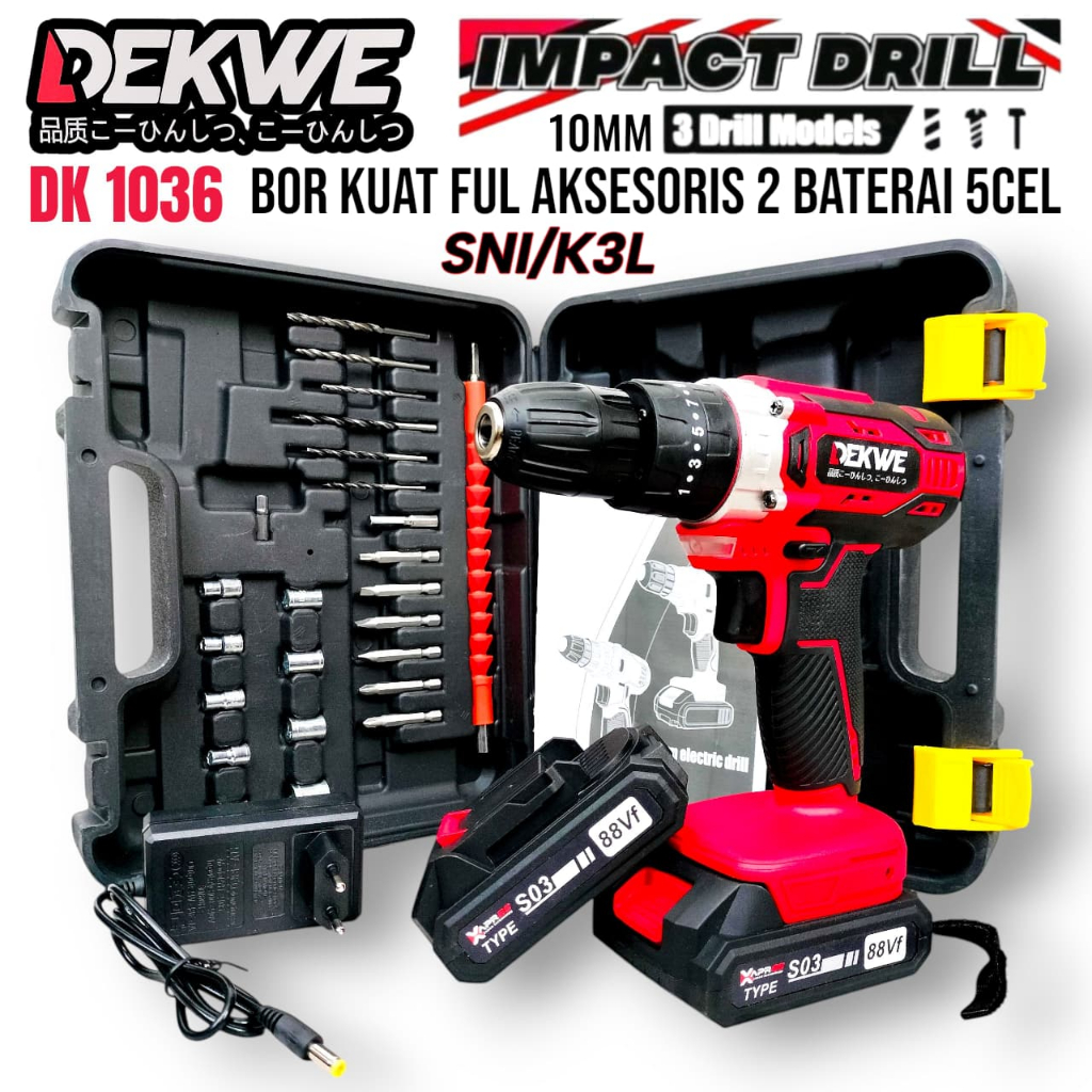 DEKWE DK1036 Mesin Bor Baterai Cordless 2Baterai 36V Impact Drill Bor Kayu Besi Tembok Sekrup