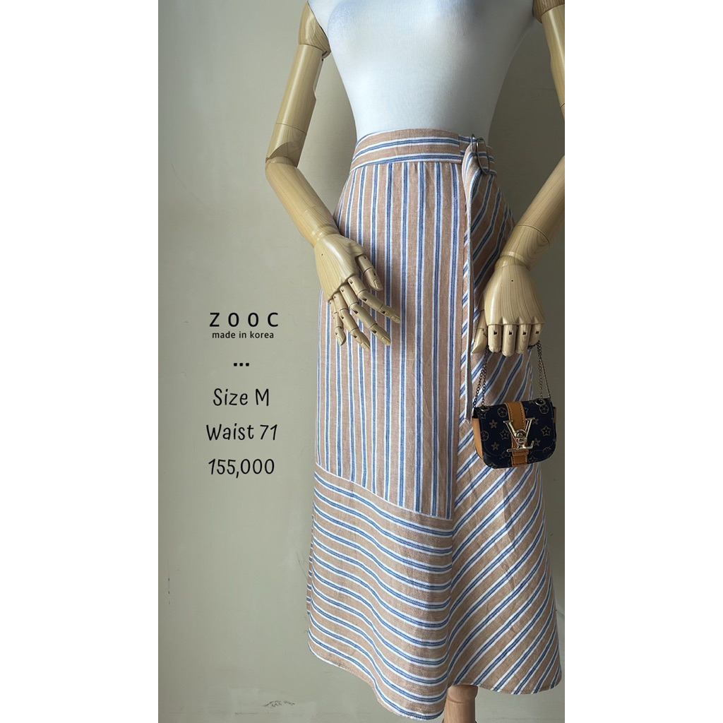 Rok midi skirt linen motif garis garis stripe biru putih cream brown coklat muda premium preloved mu