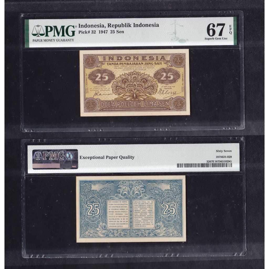 Uang kuno PMG 67 EPQ - 25 sen DJB tahun 1947 seri Federal