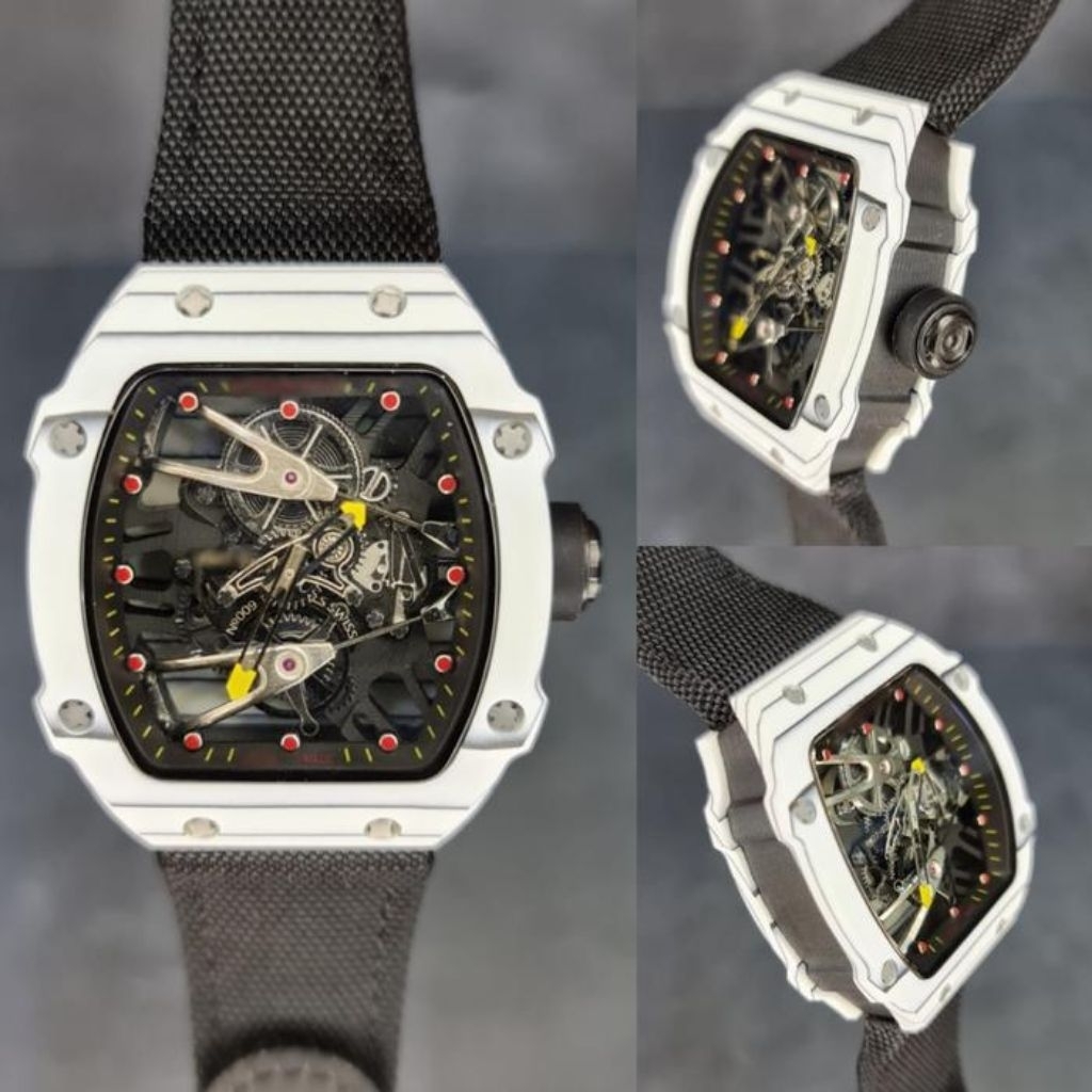JAM TANGAN MEWAH RM27-02 WHITE NTPT CARBON CASE 43MM BLACK NYLON STRAP