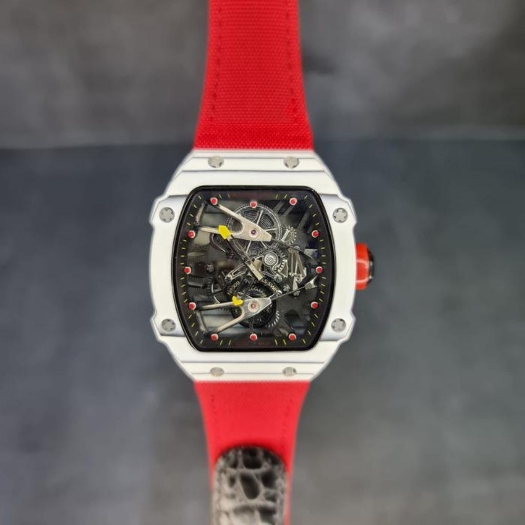 JAM TANGAN ELEGAN RM27-02 WHITE NTPT CARBON CASE 43MM RED NYLON STRAP