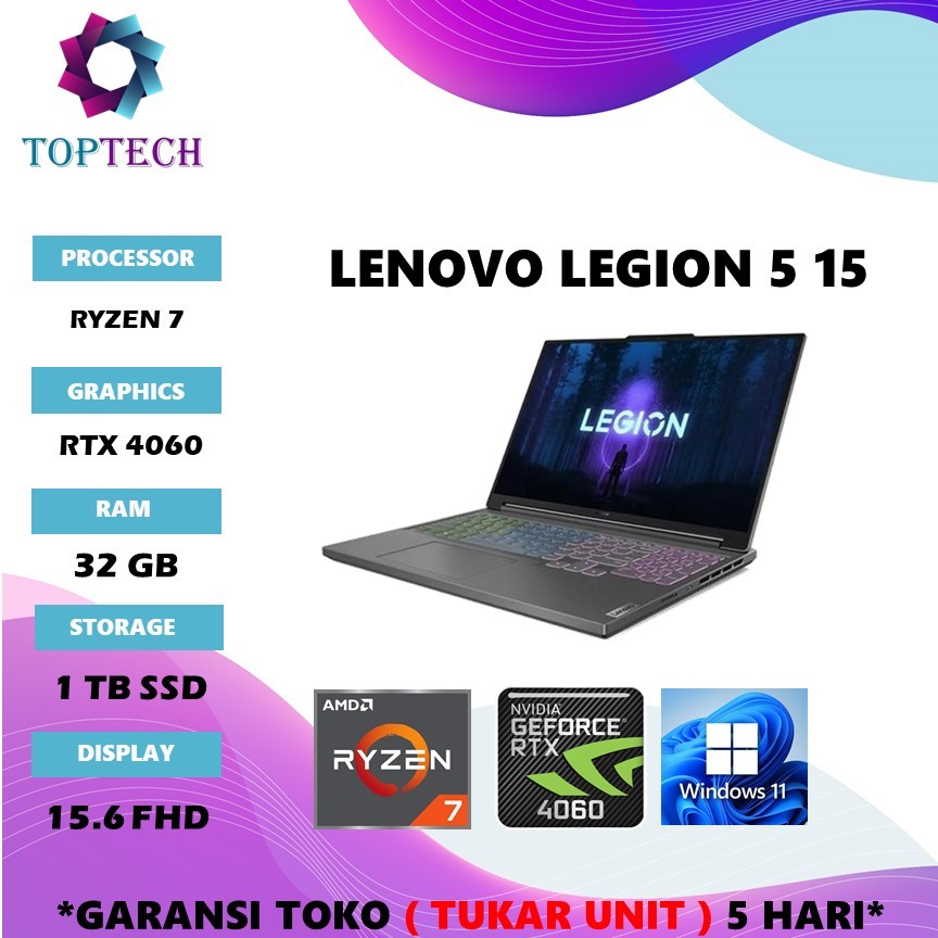 LAPTOP LENOVO LEGION 5 15 RYZEN 7 7840 RTX4060 RAM 8GB/ 16GB 1TB WINDOWS 11 15.6" FHD WARNA GREY