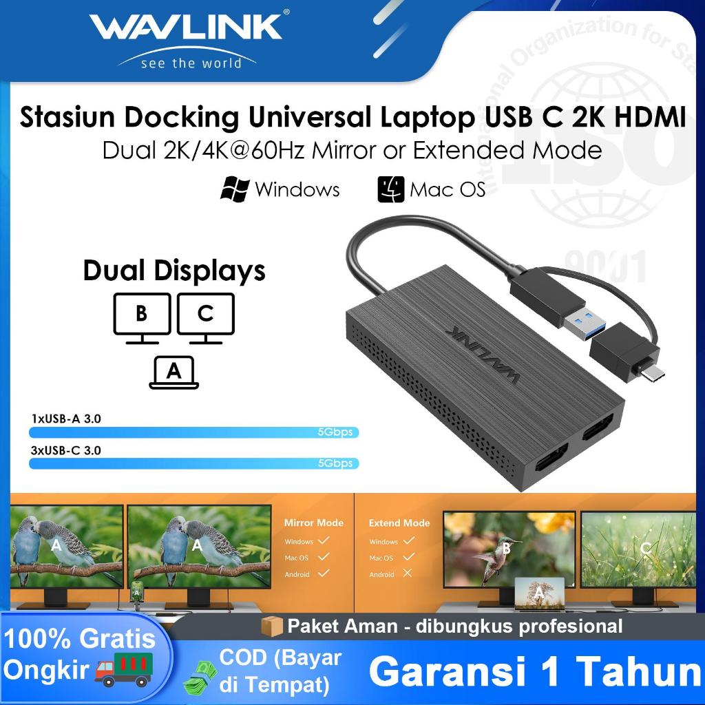 WAVLINK USB-C/A to Dual HDMI Adapter 2K Monitor for MacBook/Windows/Computer atau Laptop Supports Du