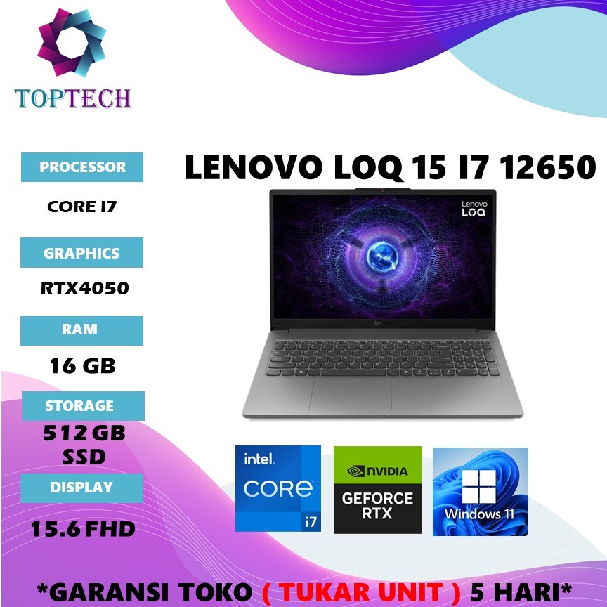 LAPTOP LENOVO LOQ 15 I7 12650 RTX4050 RAM 6GB/ 16GB 512GB WINDOWS 11 15.6" FHD IPS 144HZ