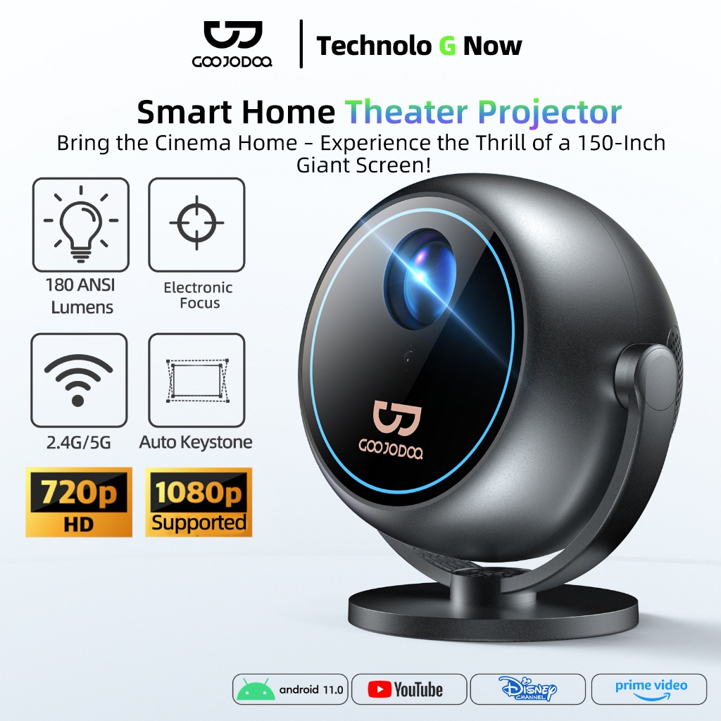 GOOJODOQ Portable Mini Proyektor Full HD 1080P 180 ANSI 360° Free Rotation Bluetooth 5.0 Auto Focus
