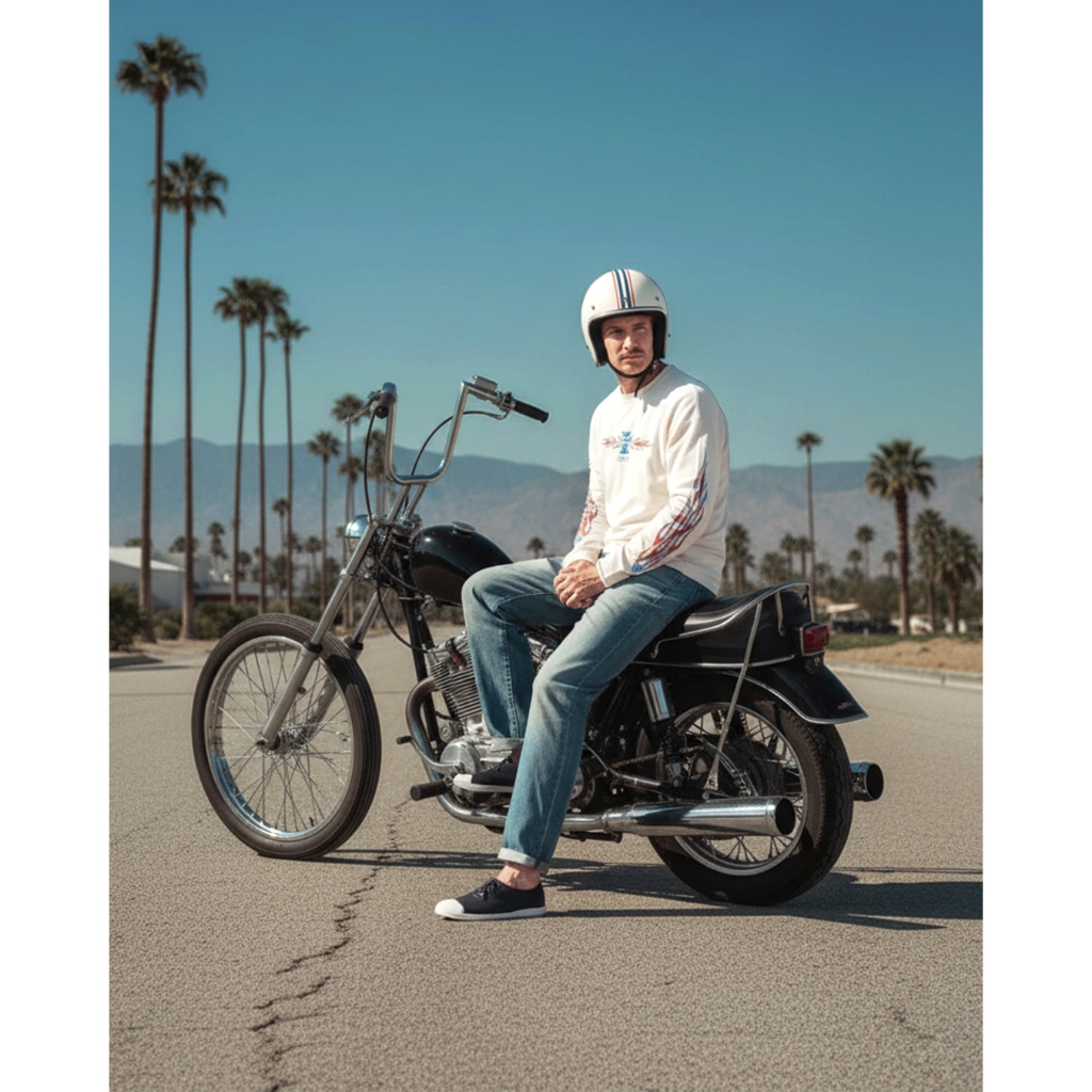 BobberRoots Kaos Lengan Panjang Putih/Hitam Pria - Lowcost Chopper