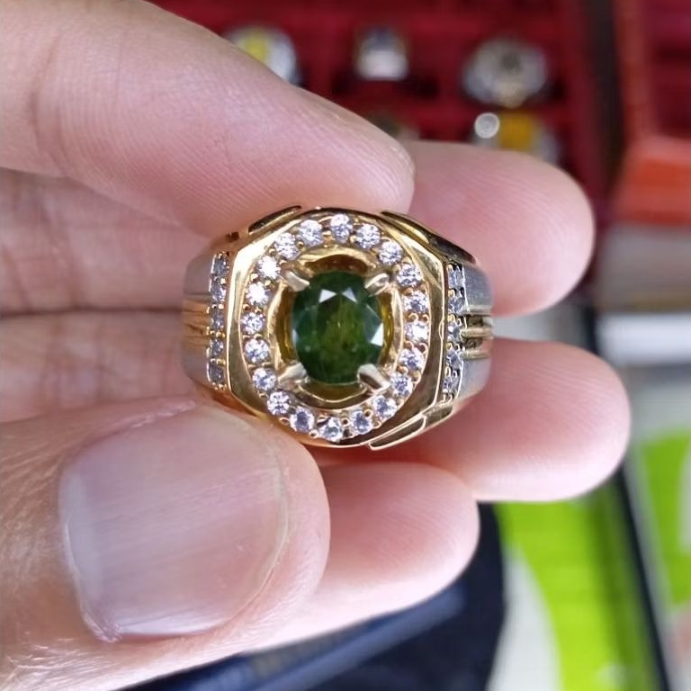 Cincin batu permata natural green sapphire  H-b + Memo GLI