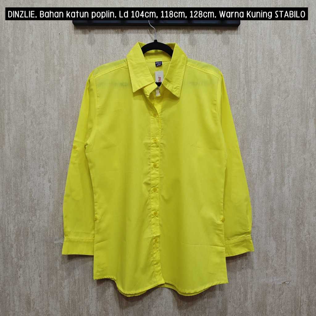 Dinzlie Kemeja Polos Atasan Wanita Bahan Poplin Premium Warna Kuning Stabilo