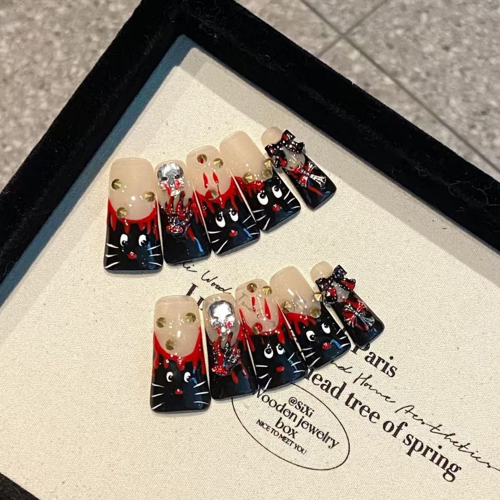 Halloween Gothic Cat & Skull Press - on Nails - Spooky Blood Drip Art Nail Tips with Bow Embellishme
