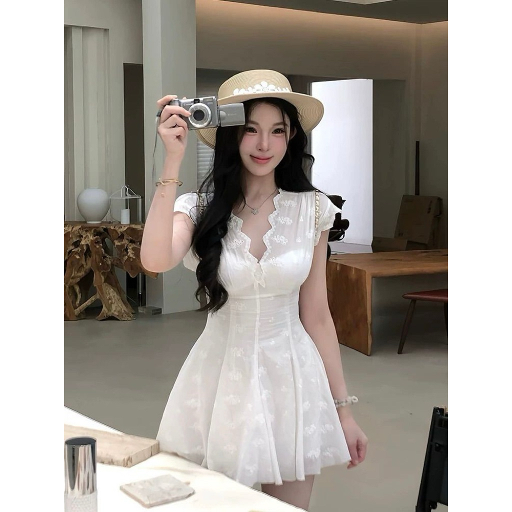Biorca Dress Eyelet Simple Basic Pantai Korea Mini Sexy V Neck White Casual