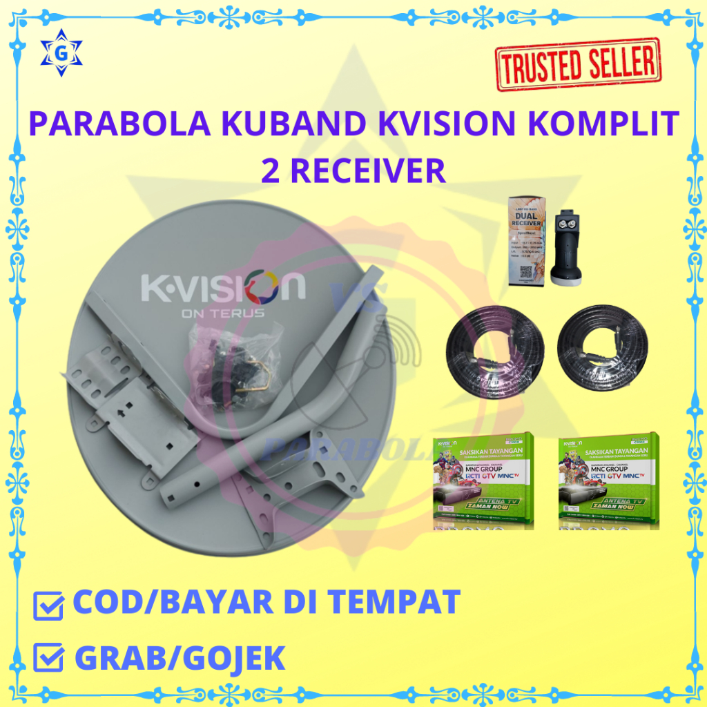 PAKETAN PARABOLA KVISION KUBAND KOMPLIT ANTENA 60 CM UNTUK 2 TV/RECEIVER(1 ANT+1LNB KU 2 OUT+2 KABEL