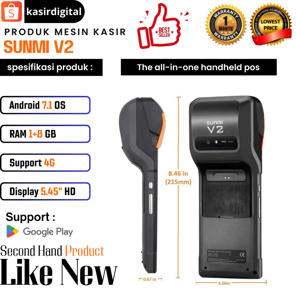 Mesin Kasir Android Portable SUNMI V2 RAM 1+8 GB 4G Second Bergaransi Support Playstore
