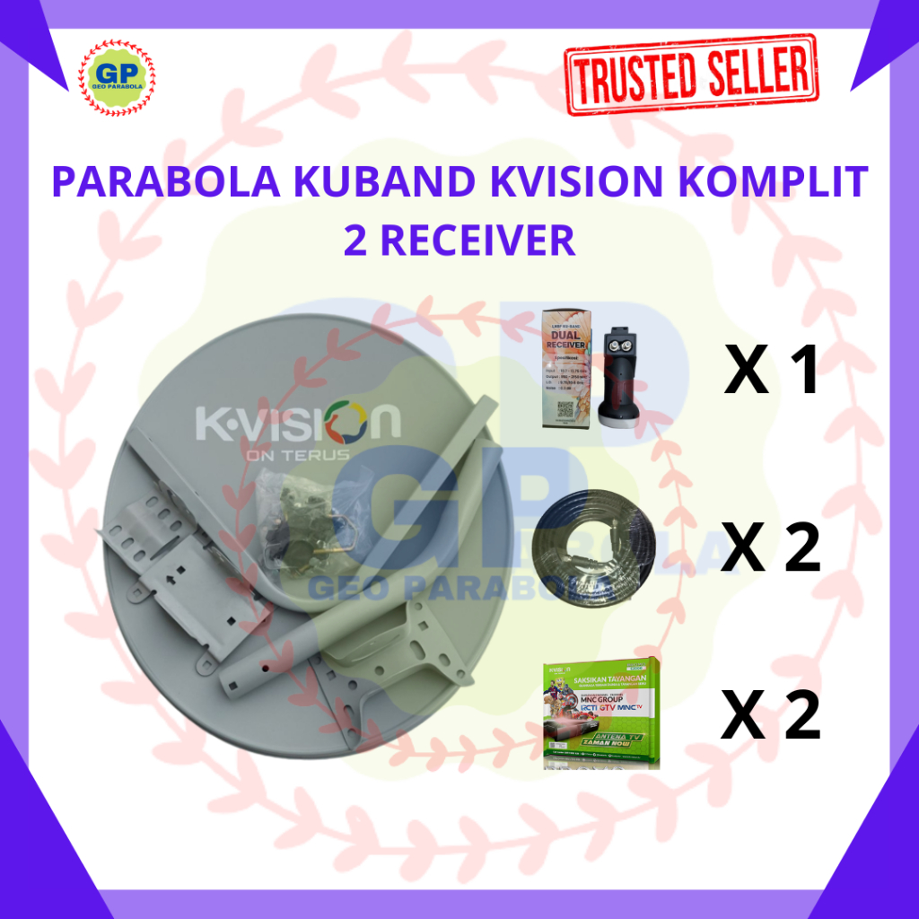 PAKETAN PARABOLA KUBAND KVISION 60 CM KOMPLIT UNTUK 2 TV/RECEIVER (1 ANTENA+1LNB KU 2 OUT+2KABEL+2RE
