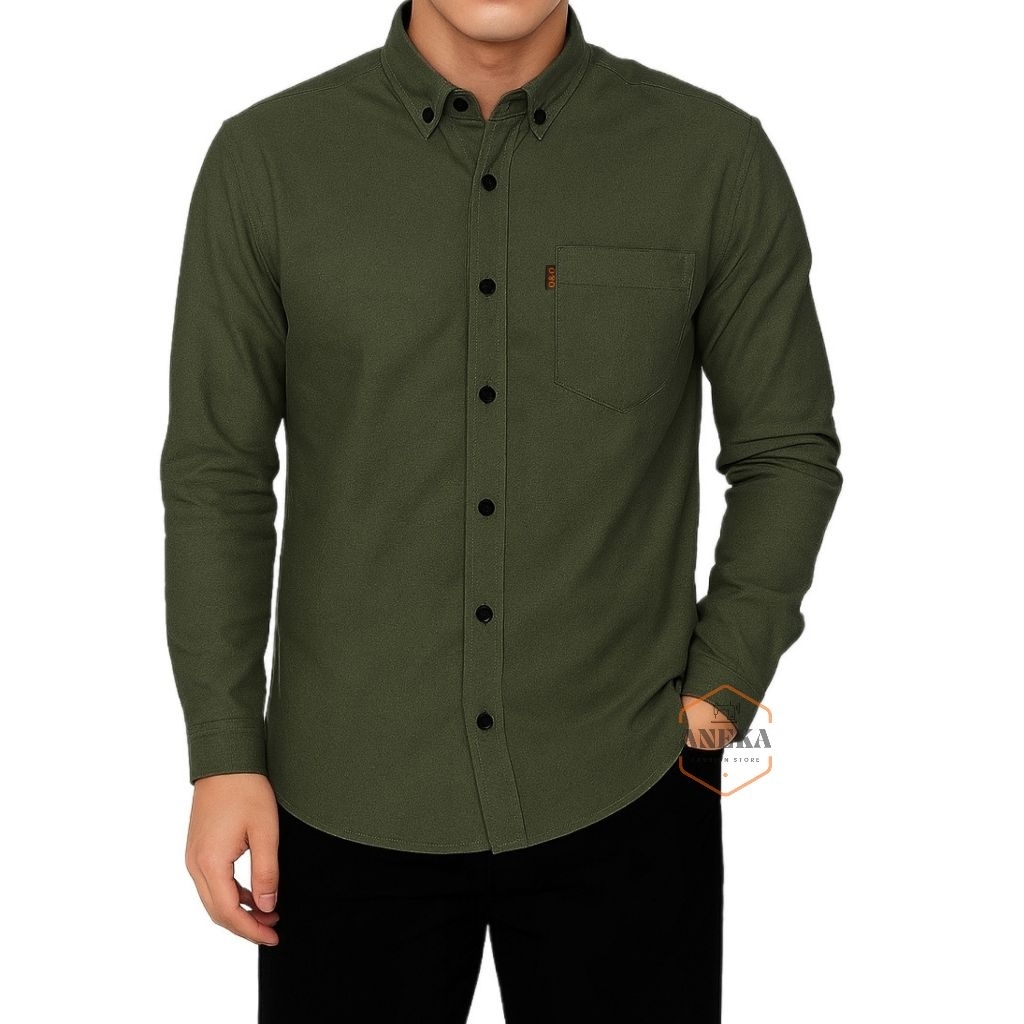 Kemeja Polos Pria Lengan Panjang Slimfit Poplin Hijau Army