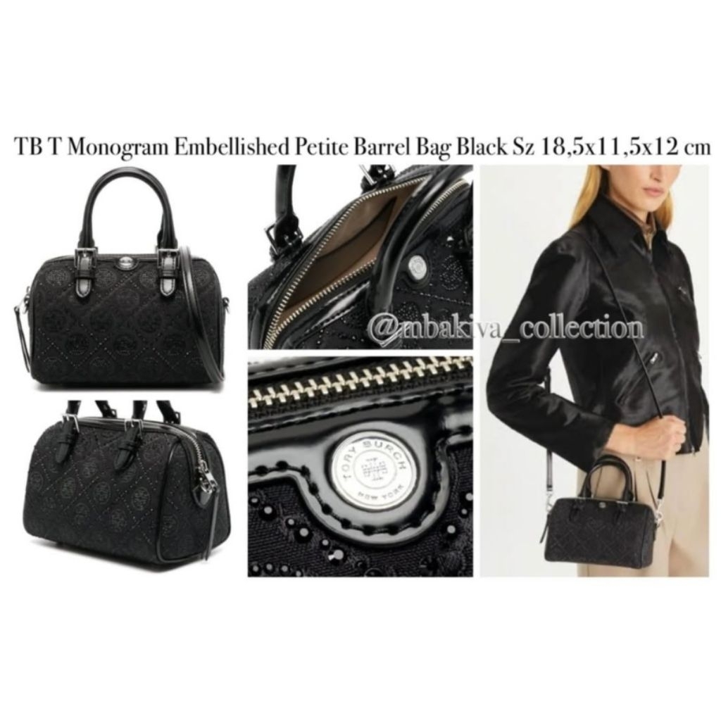 TB T Monogram Embellished Petite Barrel Bag Black
