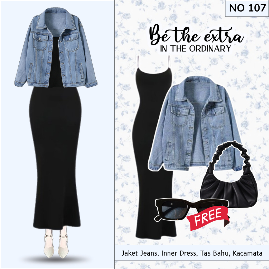 One Set 4in1 Setelan Wanita Kekinian Korean Style (Jaket Jeans, Inner Dress, Tas, Kacamata) |  NO107