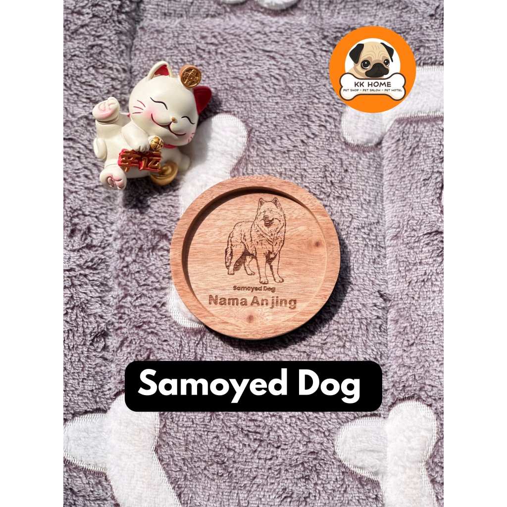[FREE GRAFIR] Tatakan Gelas Kayu Custom Jenis Anjing Samoyed dan Nama 9Cm | Coaster Kayu Custom Jeni