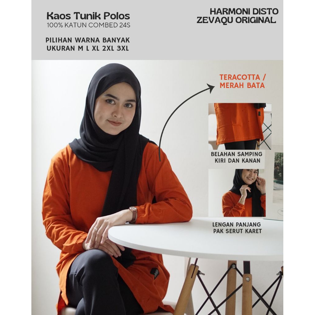 Harmoni Distro - Zevaqu Tunik polos Teracotta / merah bata Atasan Wanita Muslimah Jumbo