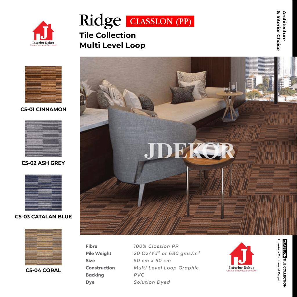 JDEKOR - Karpet Tile Ridge Classlon | Karpet Kantor isi 20 Pcs Per Box | Harga Adalah Per Box