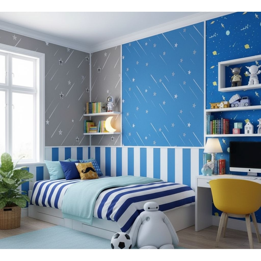 WALLPAPER DINDING MURAH, WALLPAPER DINDING MOTIF BINTANG JATUH BIRU