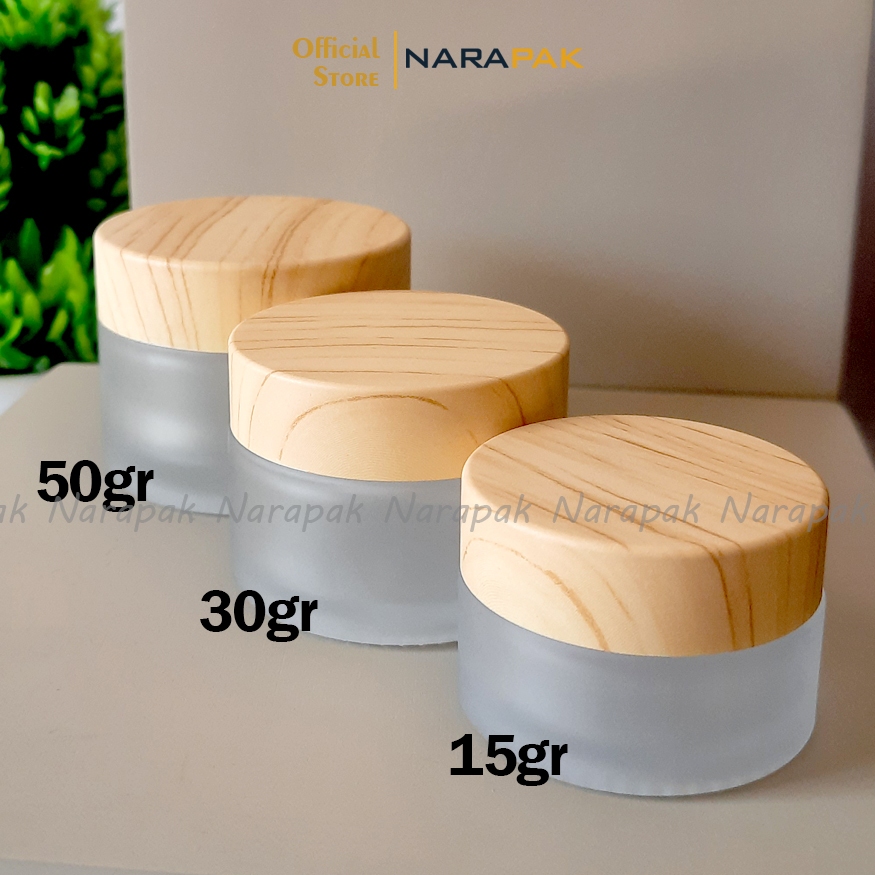 Pot Kosmetik 15gr / 30gr / 50gr Kaca Frosted Tutup Motif Kayu Jar Krim Wajah Skincare