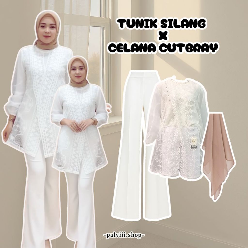 One set Brukat Kebaya Modern (Tunik Silang+Celana Cutbray+Hijab) Setelan wanita Kekinian Brukat Leba