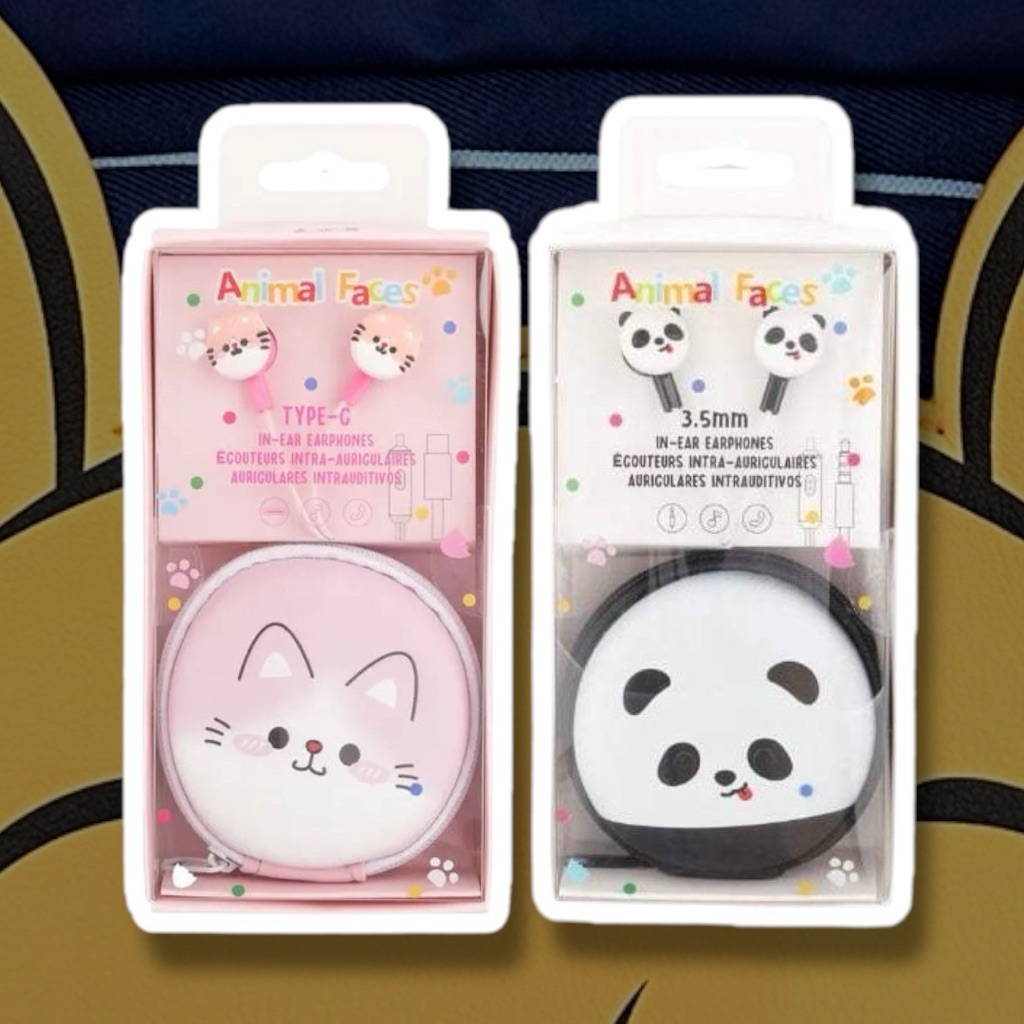 MINISO HEADSET ANIMAL FACES EARPHONE 3.5mm type c PANDA KITTY