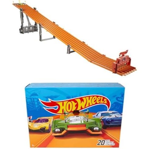 Hot Wheels Toy Car Track Set with Lights, Sounds & 6 1:64 Scale Vehicles, Super 6-Lane Raceway