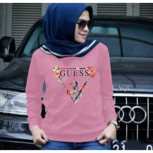 Kaos Atasan Lengan Panjang Wanita Dewasa Motif Guess Wanita Trendy Kekinian Kaos Long Sleeve Crewnec